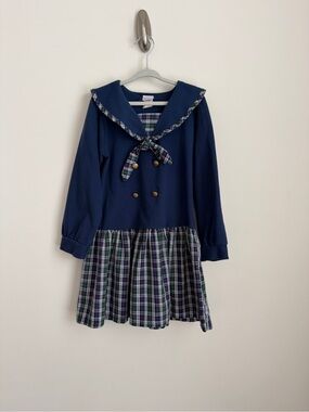 Vintage Buster Brown Girls Size 6X Sailor Collar Plaid Navy Blue Dress